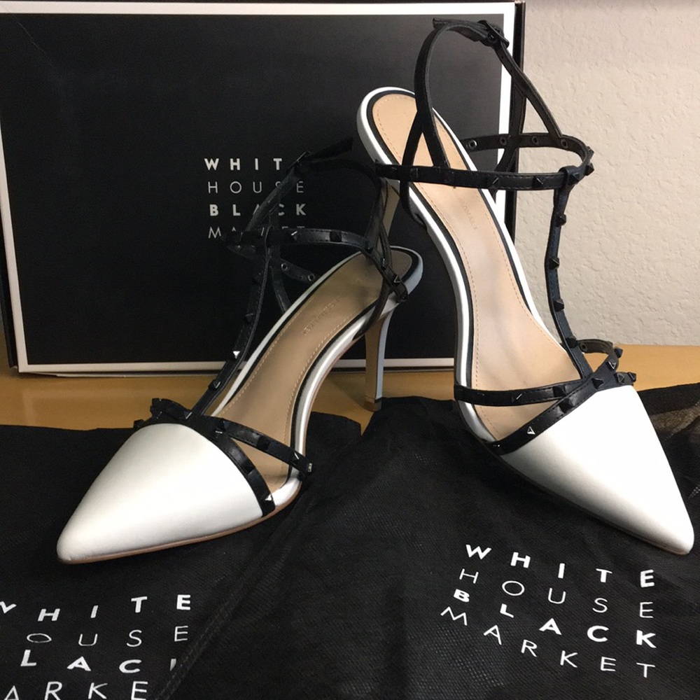 WHBM Gianna Studded B&W Black & White Pump Strappy Sandals Heels, Sz 8.5, NWT